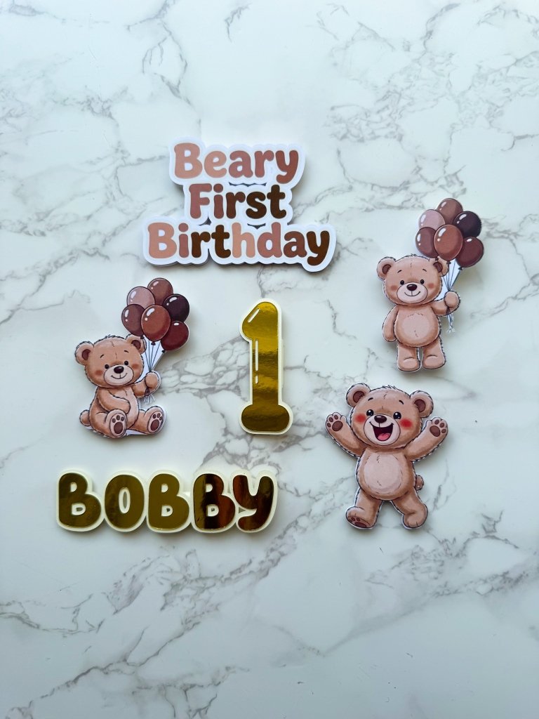 Personalised Beary First Birthday Cake Topper Set - £10 ser - Demi's Krafts