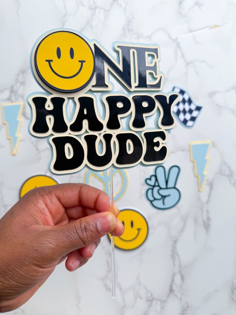 Personalised One Happy Dude Groovy themed birthday cake topper charm set - Demi's Krafts