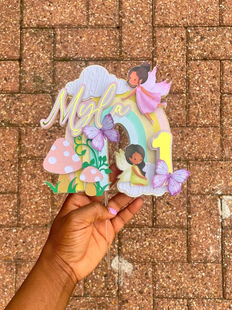 Fairy Birthday Cake Topper with Rainbow and Butterflies - Demi's Krafts