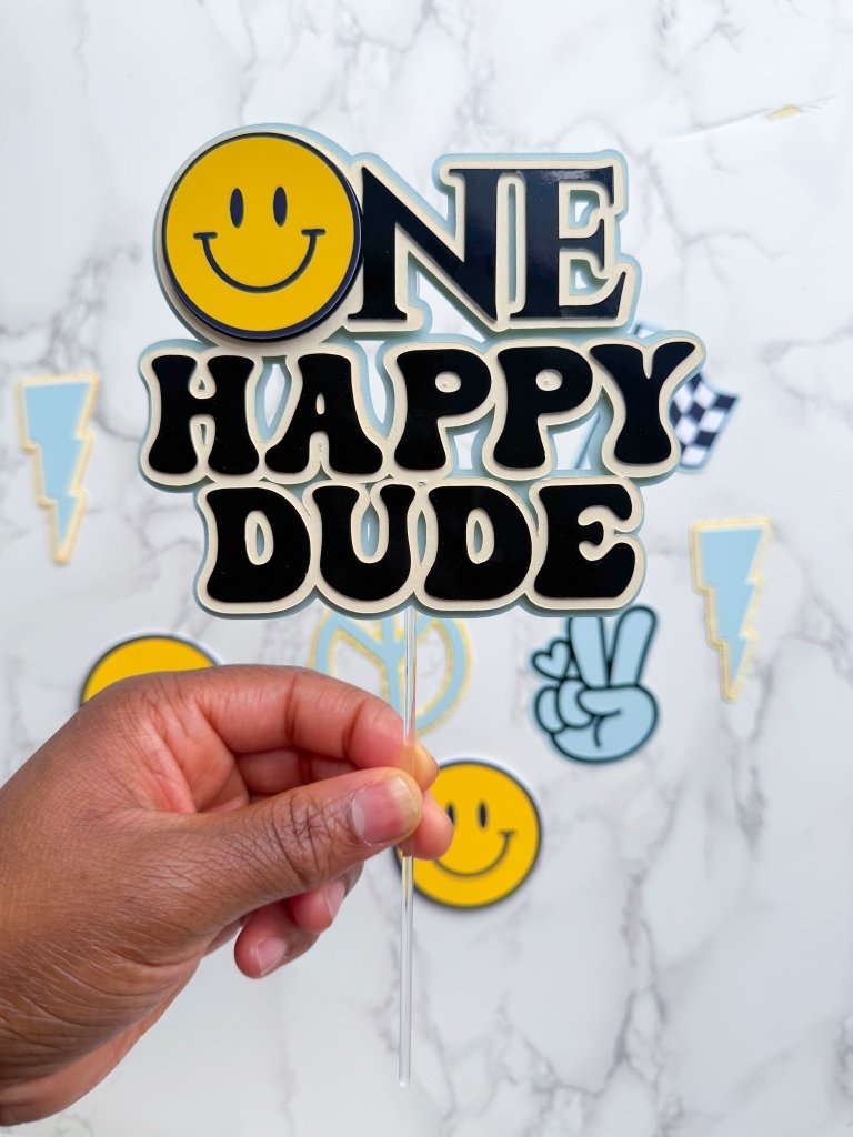 Personalised One Happy Dude Groovy themed birthday cake topper charm set - Demi's Krafts