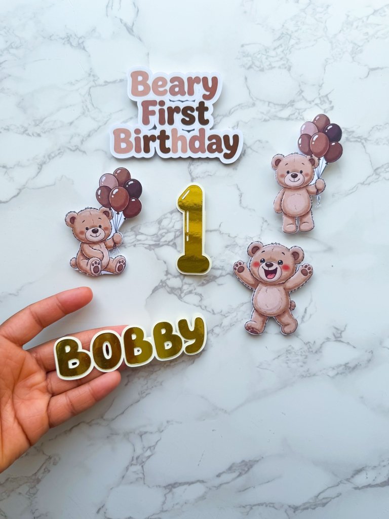 Personalised Beary First Birthday Cake Topper Set - £10 ser - Demi's Krafts