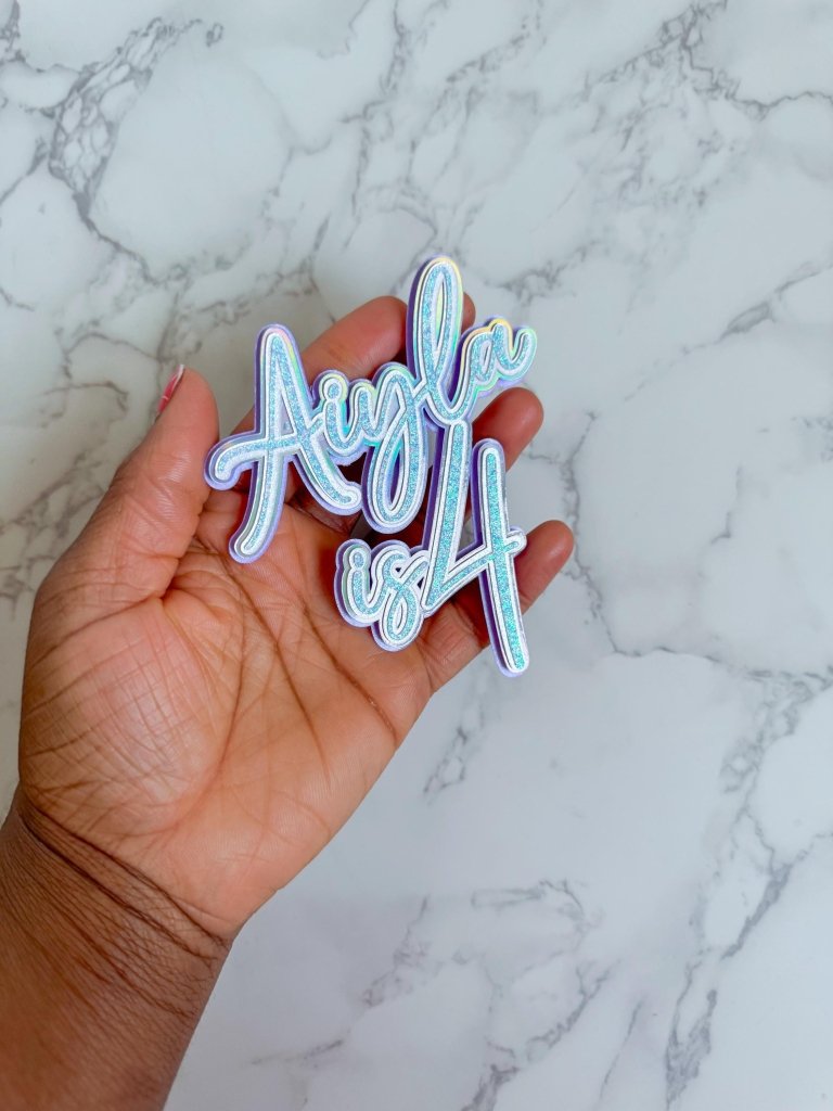 Personalized Blue Name and Age Cake Topper: Curly Font Icy Charm - Demi's Krafts