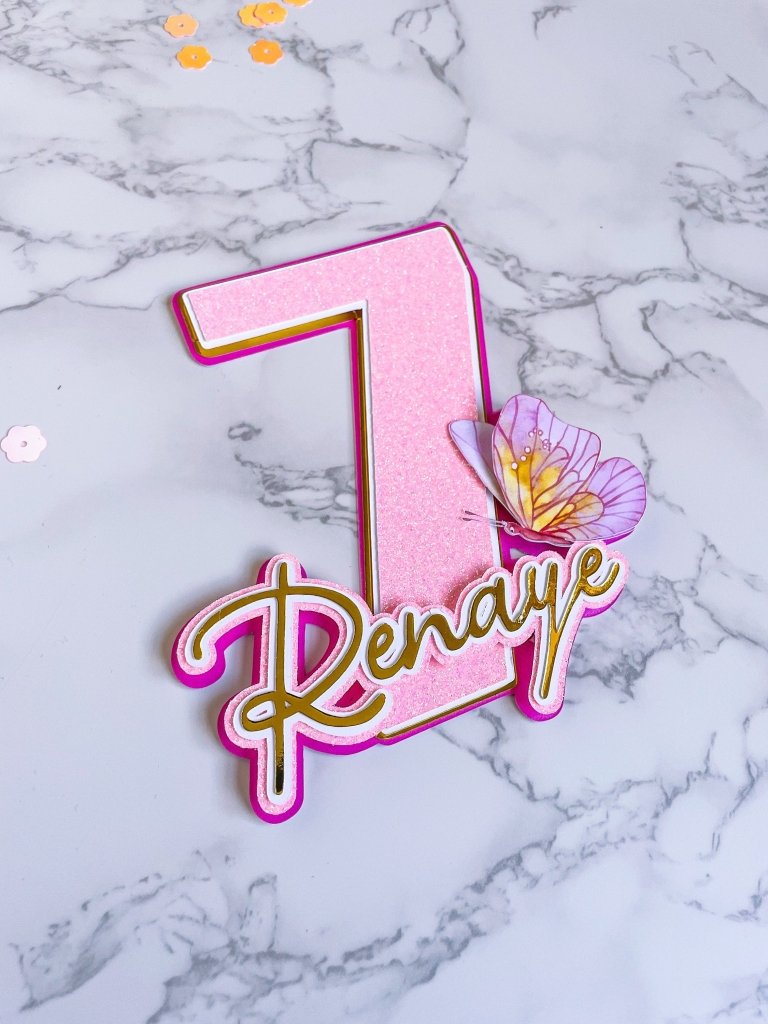 Personalised Butterfly Birthday Cake Topper in baby pink