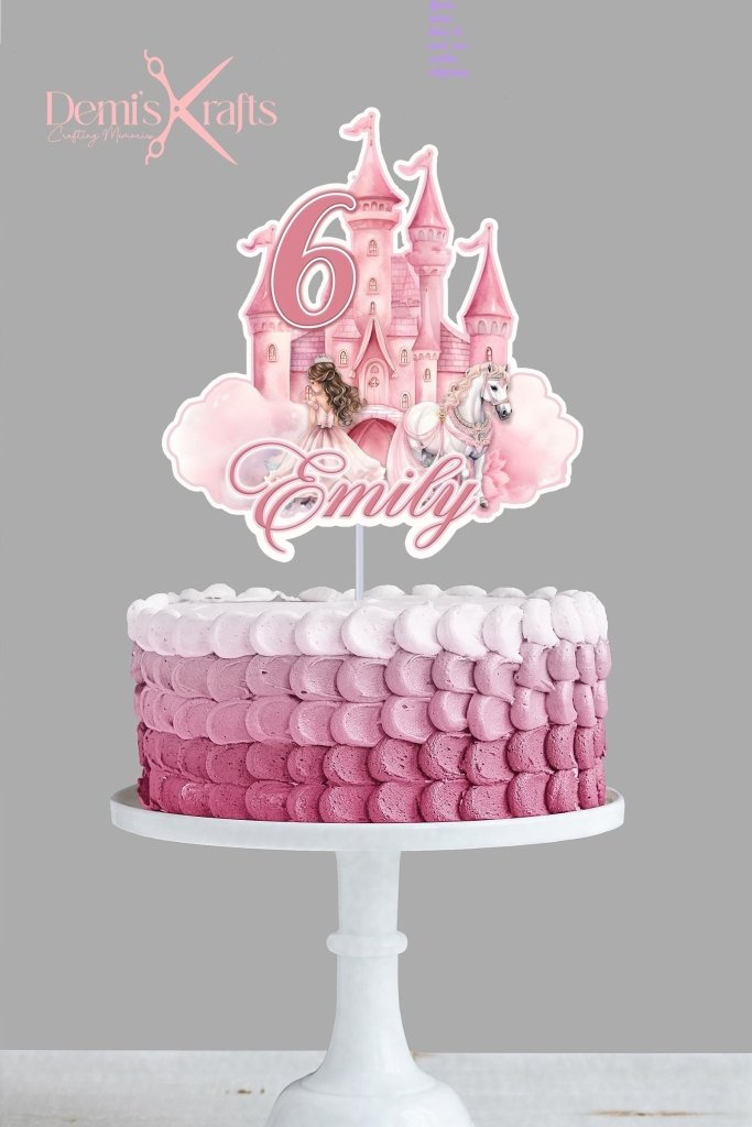 Princess Castle Birthday Cake Topper in Pink with Horse and Princess - Demi's Krafts