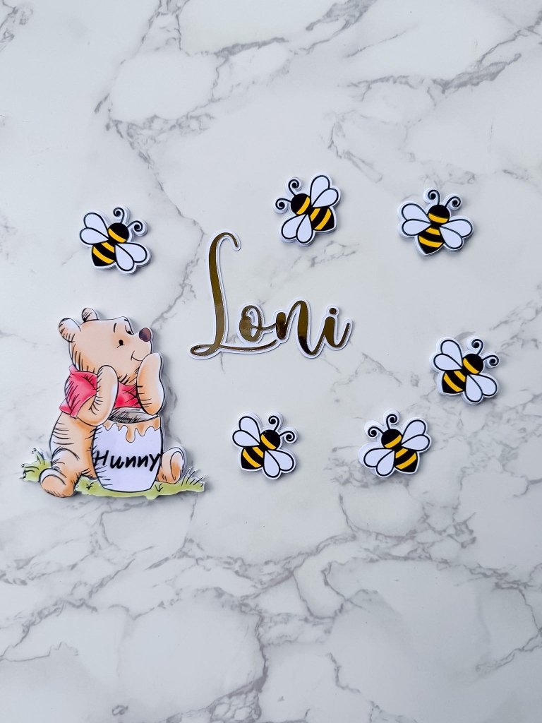Personalised Winnie the Pooh Bear and Bees Cake Charm Set - Demi's Krafts