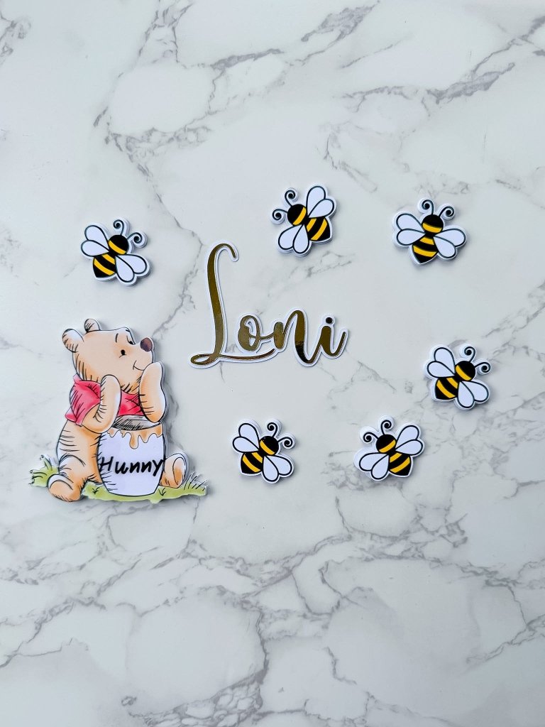 Personalised Winnie the Pooh Bear and Bees Cake Charm Set - Demi's Krafts