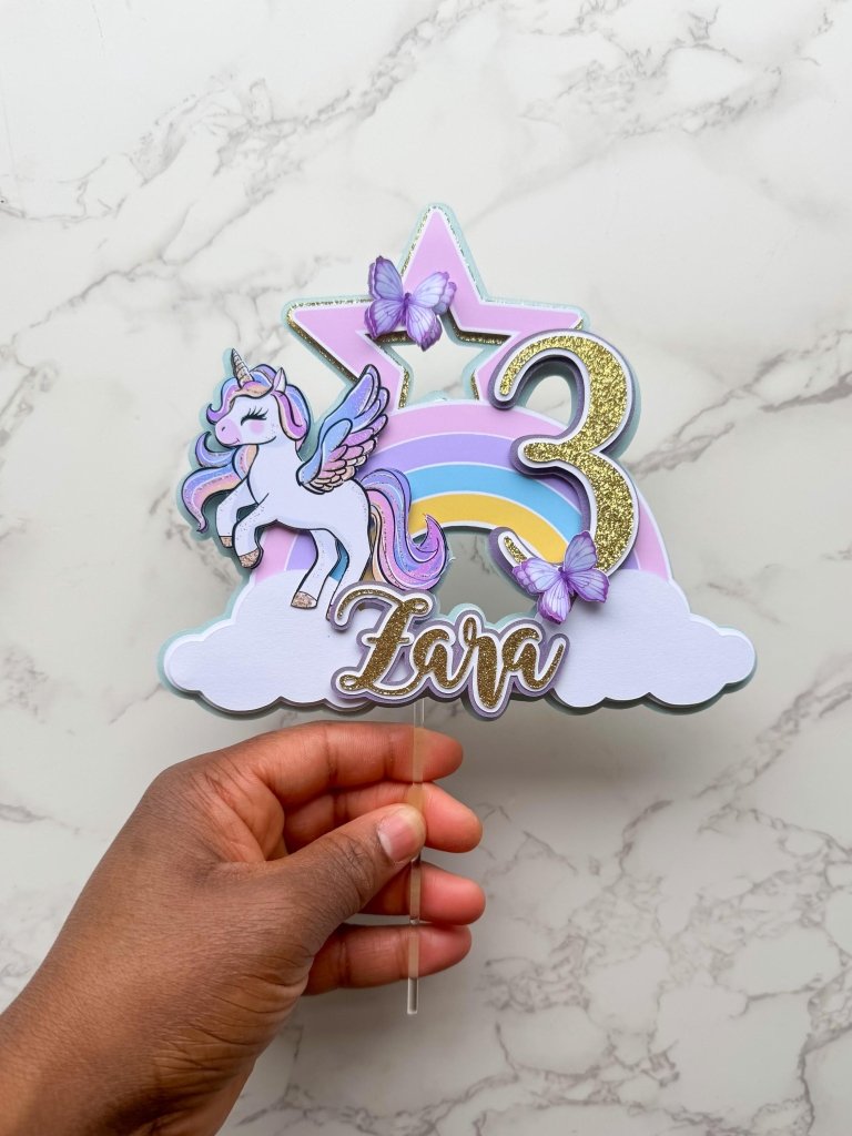 Personalised Unicorn Rainbow Birthday Cake Topper with Butterflies - Demi's Krafts