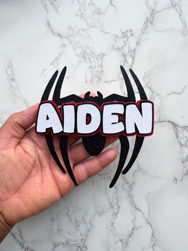 Spider name charm birthday cake topper for superhero cakes - Demi's Krafts