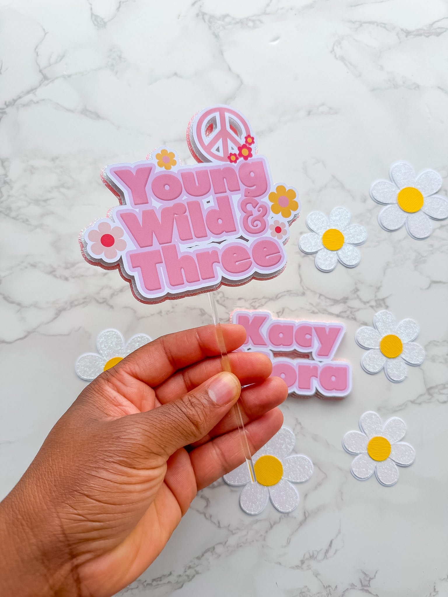 Personalised Young Wild and Three Cake Topper Set with Daisies