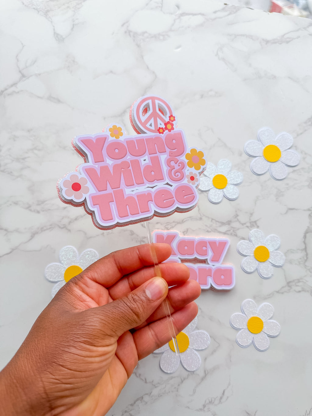Personalised Young Wild and Three Cake Topper Set with Daisies