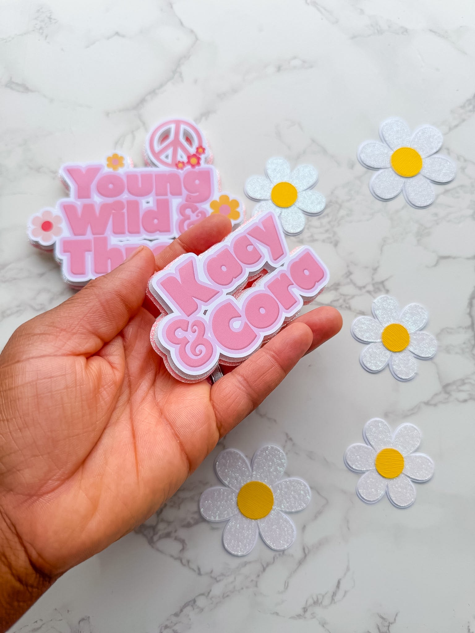 Personalised Young Wild and Three Cake Topper Set with Daisies