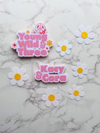 Personalised Young Wild and Three Cake Topper Set with Daisies