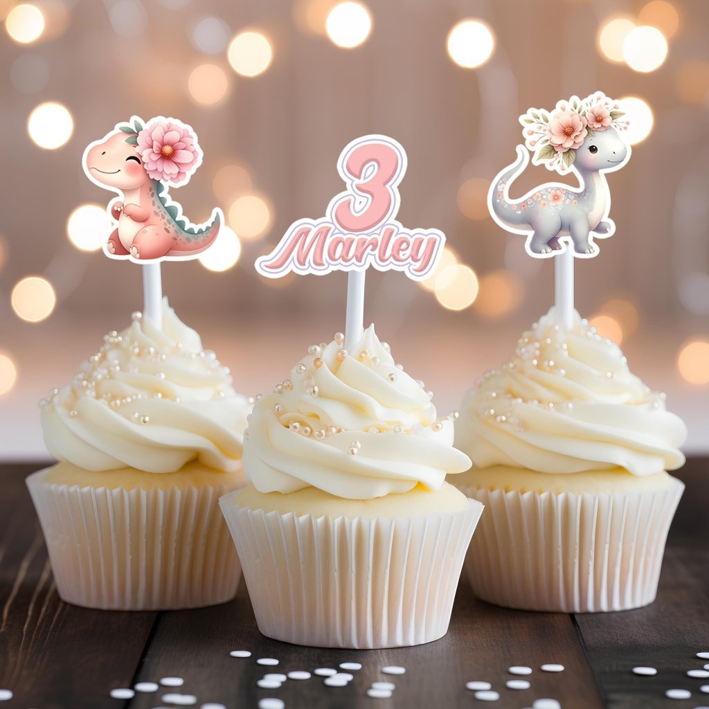 Girl Dinosaur Birthday Cupcake Toppers - Demi's Krafts