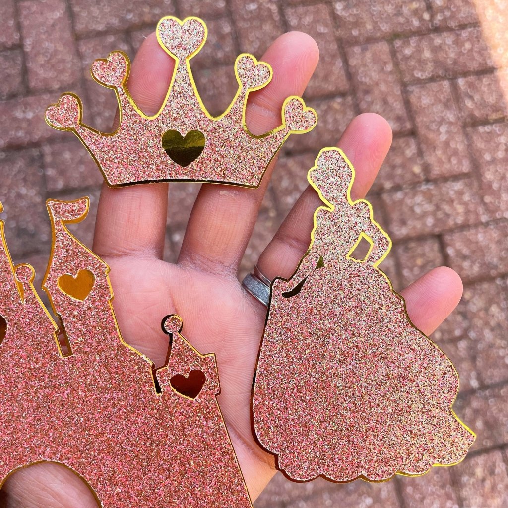 Gold Princess Cake Topper Set: Castle, Princess, Crown - Demi's Krafts