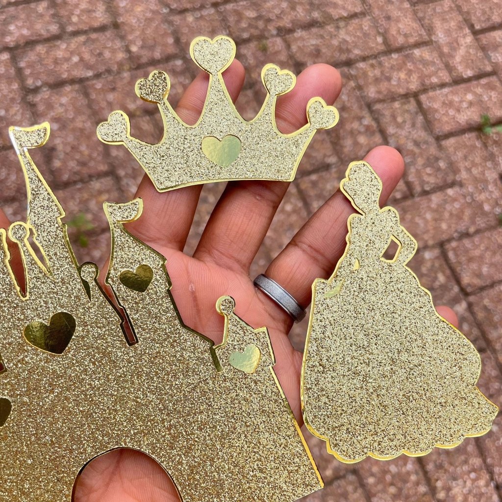 Gold Princess Cake Topper Set: Castle, Princess, Crown - Demi's Krafts