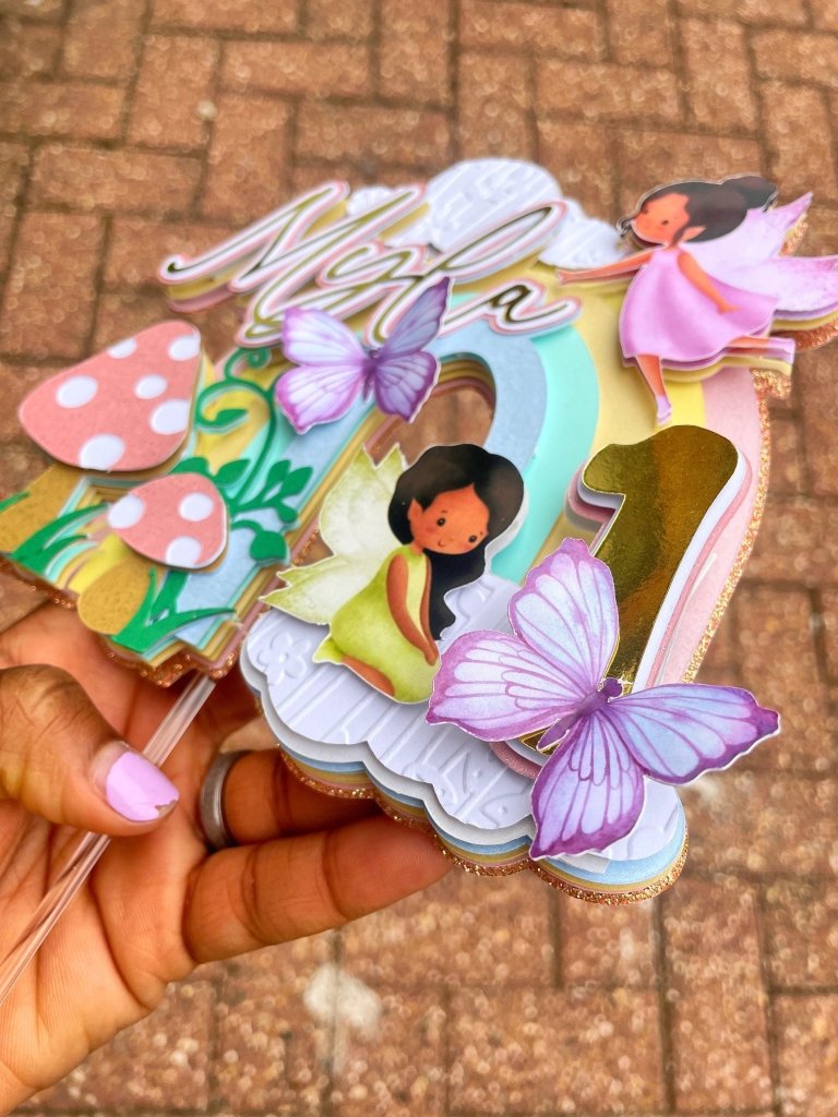 Fairy Birthday Cake Topper with Rainbow and Butterflies - Demi's Krafts