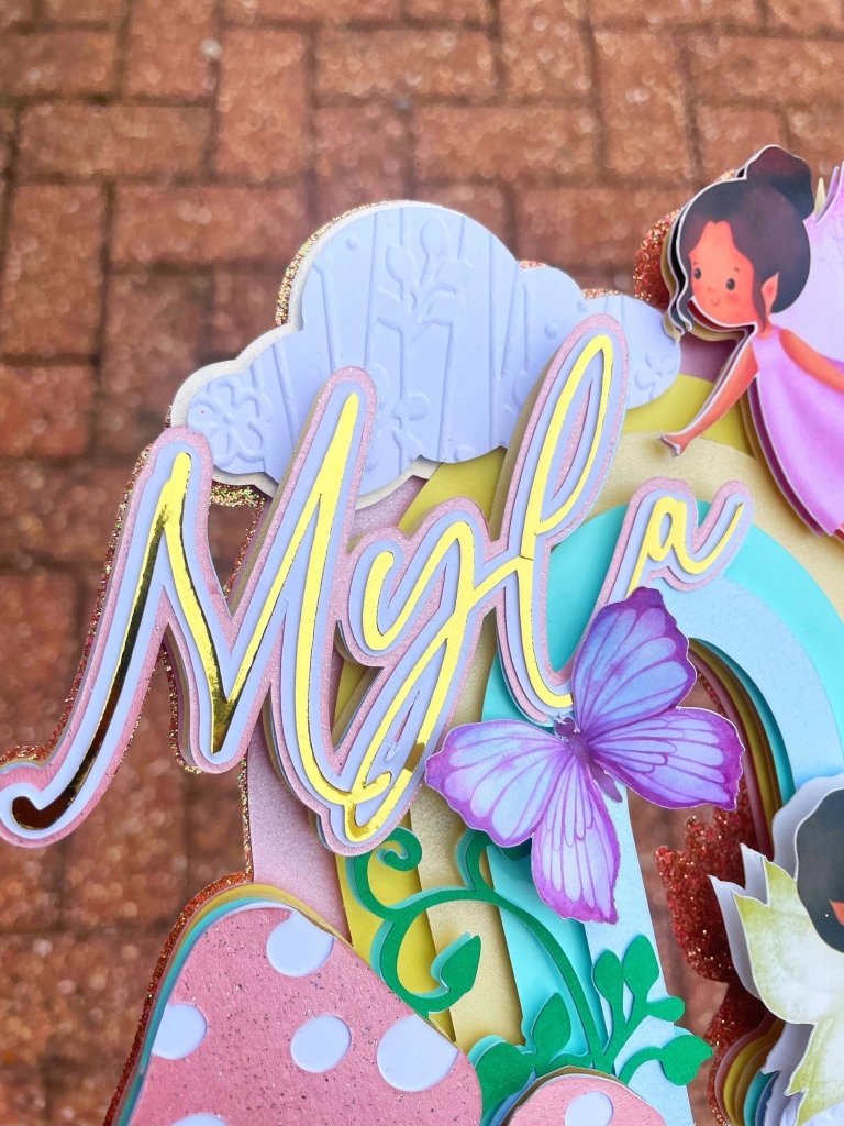 Fairy Birthday Cake Topper with Rainbow and Butterflies - Demi's Krafts
