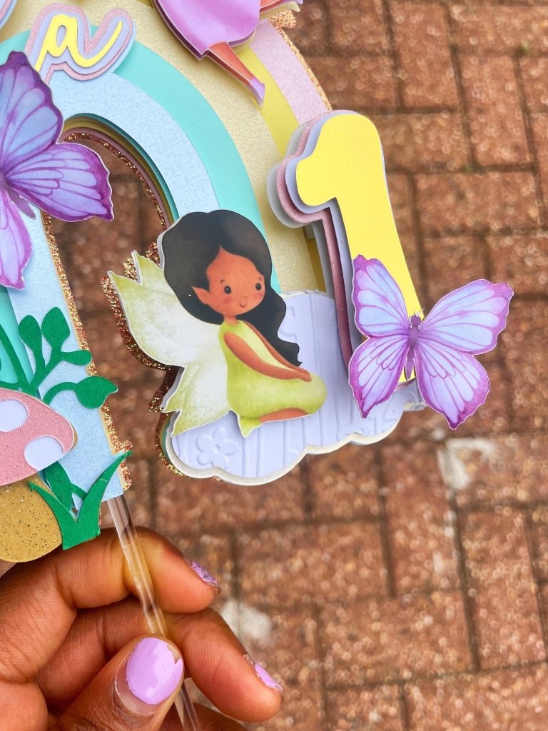 Fairy Birthday Cake Topper with Rainbow and Butterflies - Demi's Krafts