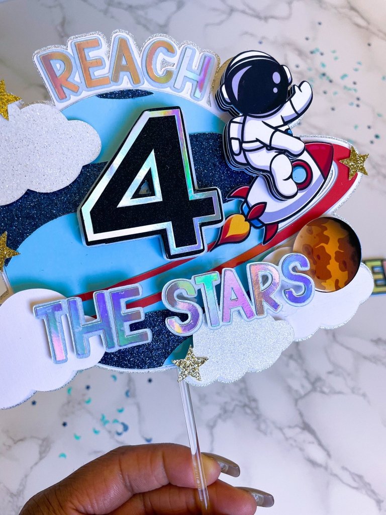 Reach four the Stars Cake Topper | Two the moon cake topper : Space Birthday Party Decor - Demi's Krafts