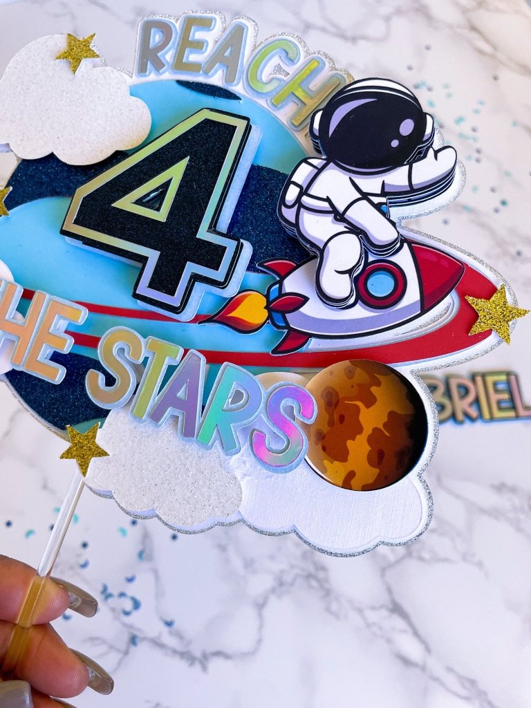 Reach four the Stars Cake Topper | Two the moon cake topper : Space Birthday Party Decor - Demi's Krafts