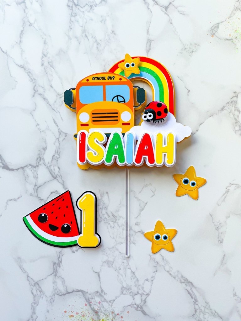 Wheels on the Bus Cake Topper Set, Nursery Rhyme Rainbow Topper - Demi's Krafts