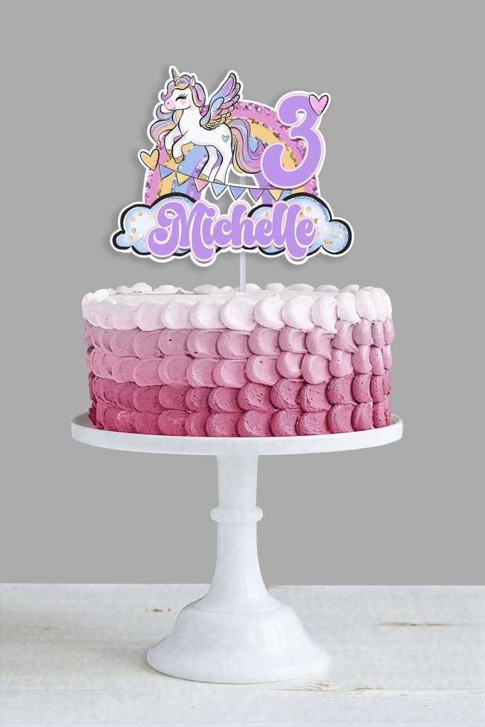 Unicorn Cake Topper in purple with a rainbow and unicorn jumping on it. Cupcake Toppers - Demi's Krafts