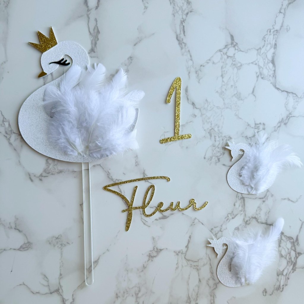 Feathered Swan Cake Topper: Glitter Crown Birthday Party Decor - Demi's Krafts