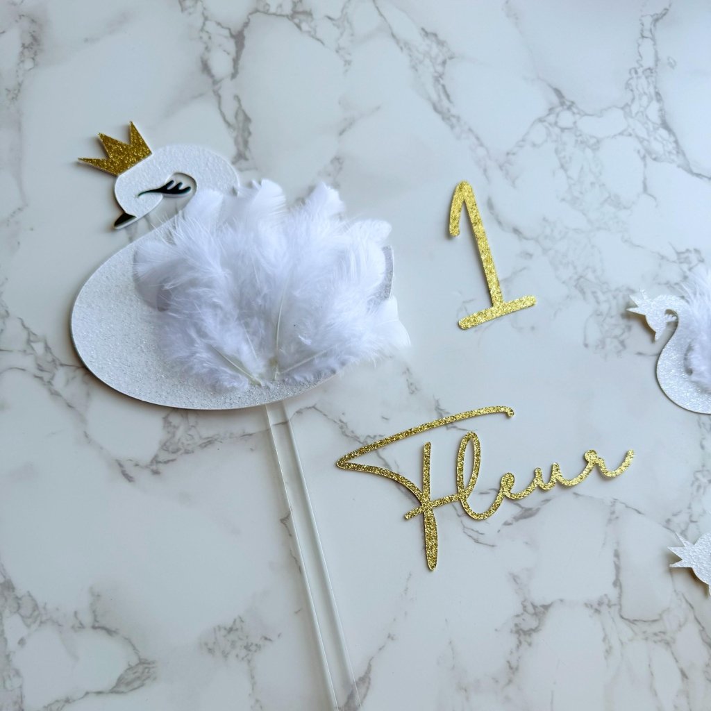 Feathered Swan Cake Topper: Glitter Crown Birthday Party Decor - Demi's Krafts