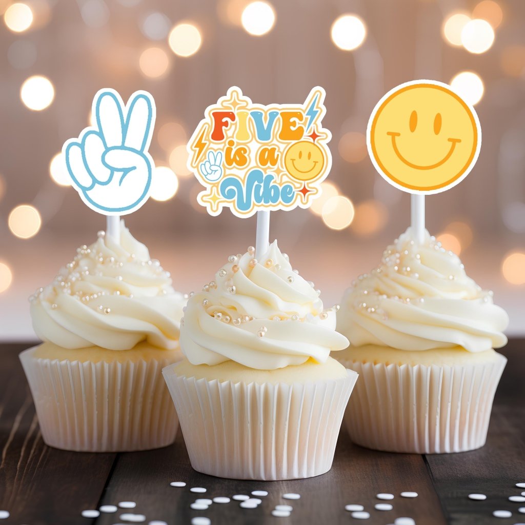 Groovy Five Cupcake Toppers for boys: Five is a vibe - Demi's Krafts