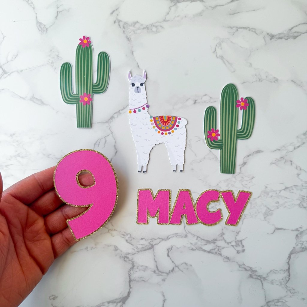 Llama Fiesta Birthday Cake Topper Set: Pink & Gold Glitter - Demi's Krafts