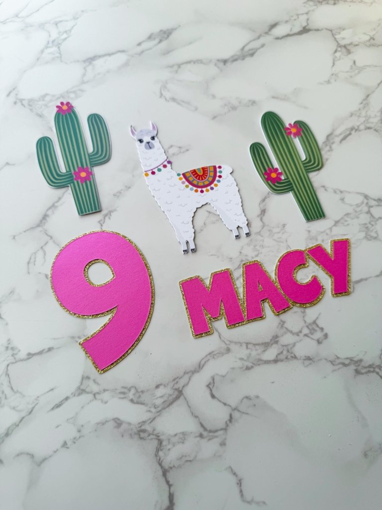 Llama Fiesta Birthday Cake Topper Set: Pink & Gold Glitter - Demi's Krafts