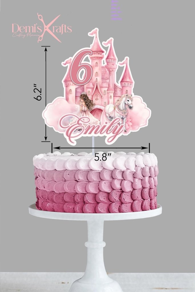 Princess Castle Birthday Cake Topper in Pink with Horse and Princess - Demi's Krafts