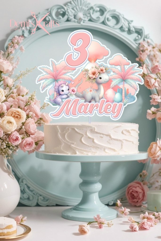 Girl Dinosaur Birthday Cake Topper and Cupcake Toppers - Demi's Krafts
