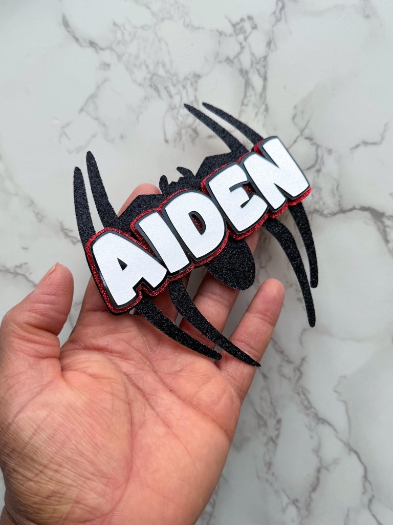 Spider name charm birthday cake topper for superhero cakes - Demi's Krafts