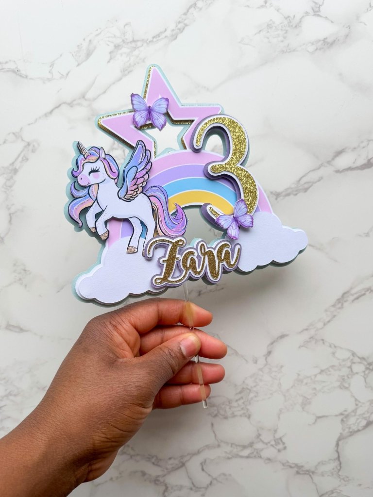 Personalised Unicorn Rainbow Birthday Cake Topper with Butterflies - Demi's Krafts