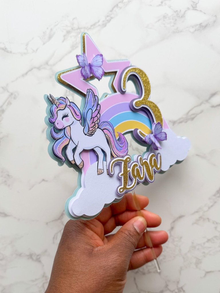 Personalised Unicorn Rainbow Birthday Cake Topper with Butterflies - Demi's Krafts