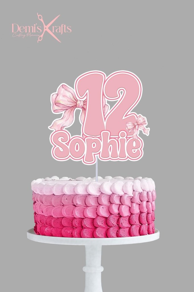 Personalised Pink Bows Birthday Cake Topper - Demi's Krafts