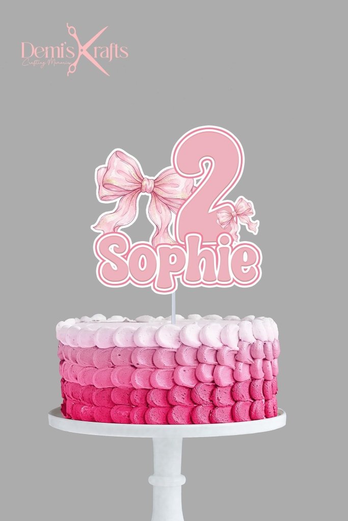 Personalised Pink Bows Birthday Cake Topper - Demi's Krafts