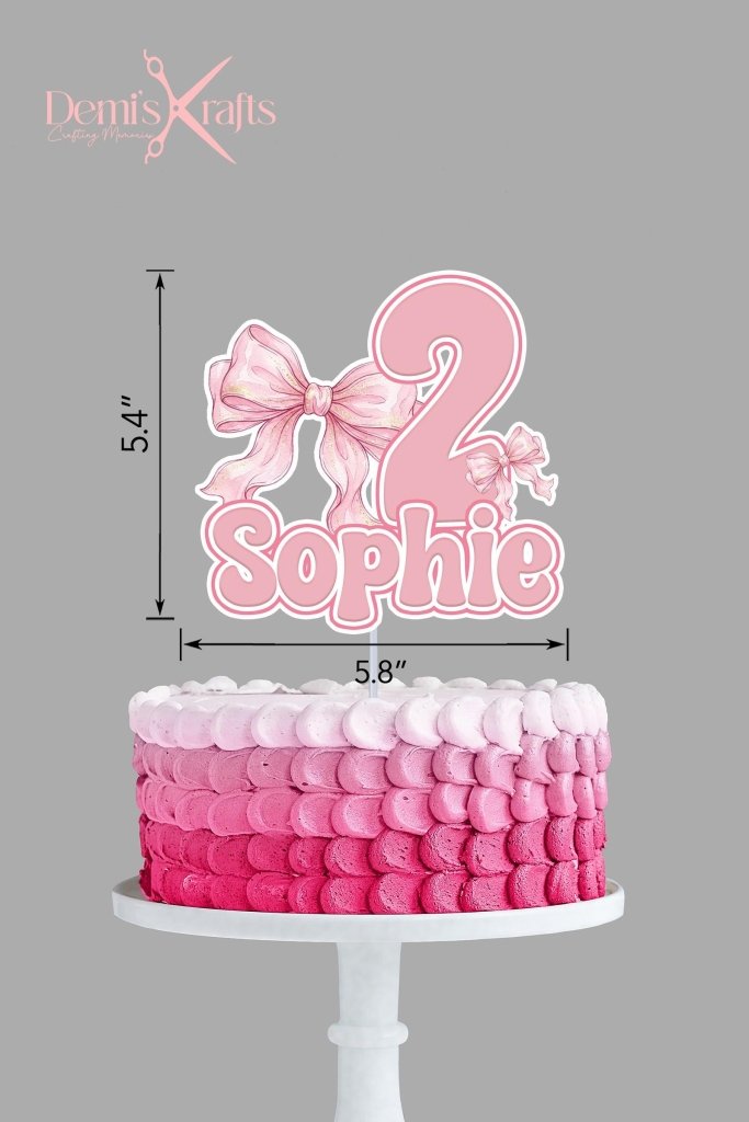Personalised Pink Bows Birthday Cake Topper - Demi's Krafts