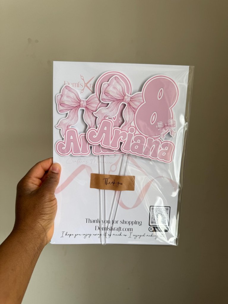 Personalised Pink Bows Birthday Cake Topper - Demi's Krafts